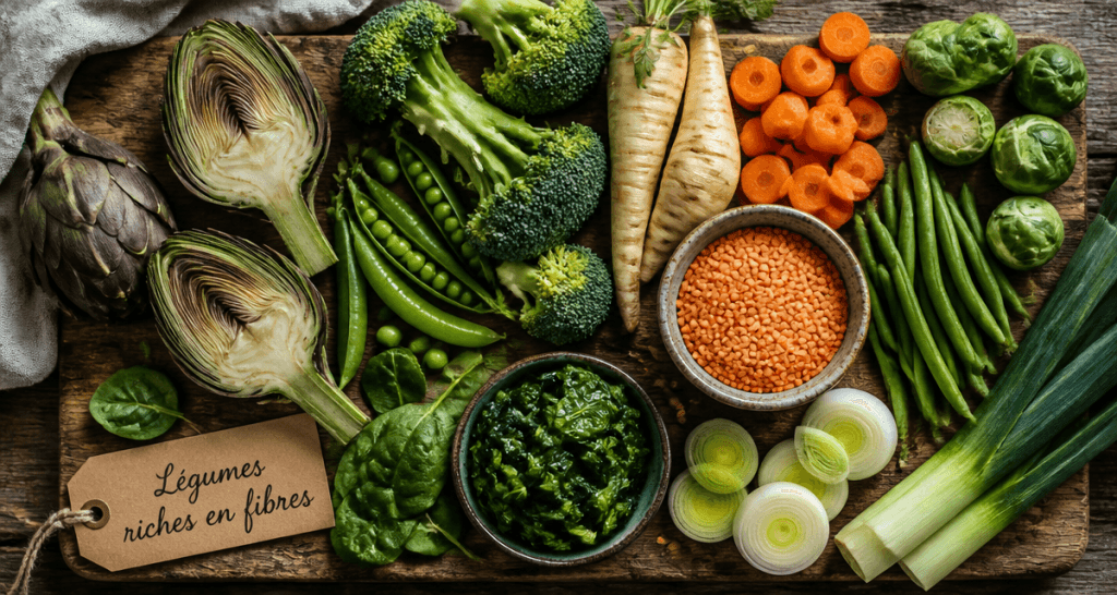 Assortiment de legumes riches en fibres sur planche