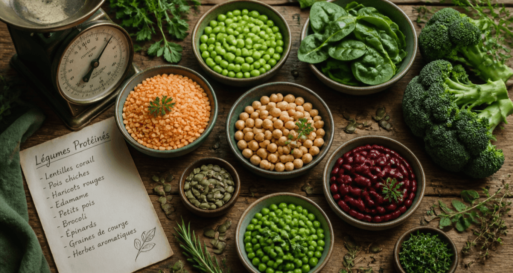 legumes riches en proteines sur table rustique