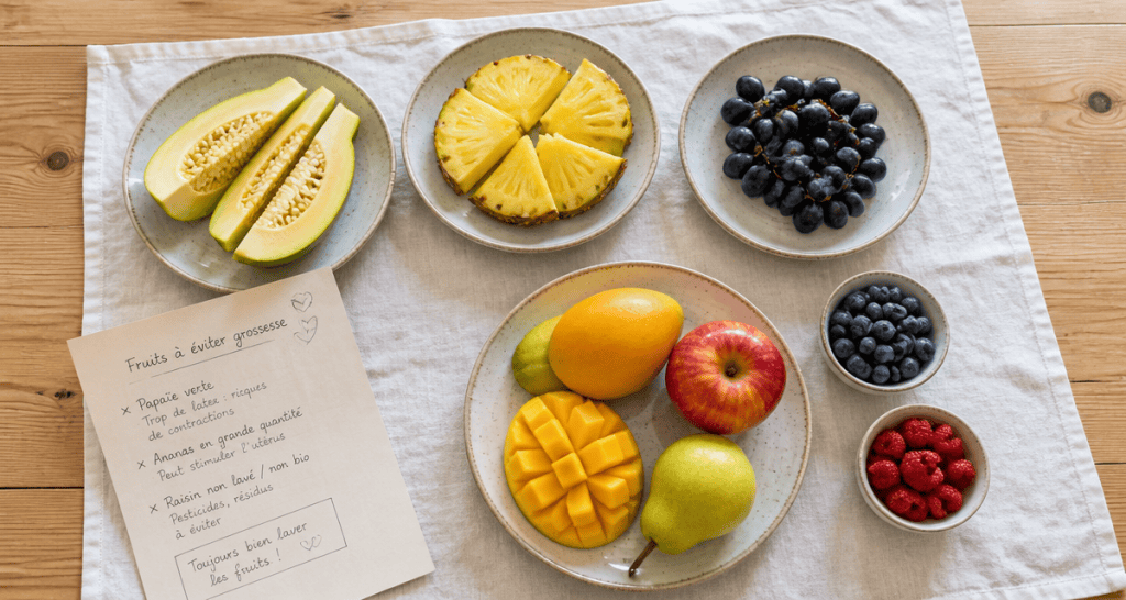 Les 3 fruits à éviter pendant la grossesse, assiettes sur table