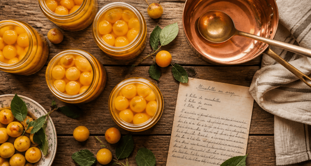 mirabelle au sirop sans stérilisation en bocaux sur table rustique