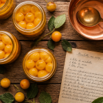 mirabelle au sirop sans stérilisation en bocaux sur table rustique