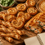 recette avec de la pate feuilletee, bouchées salées et sucrées sur planche