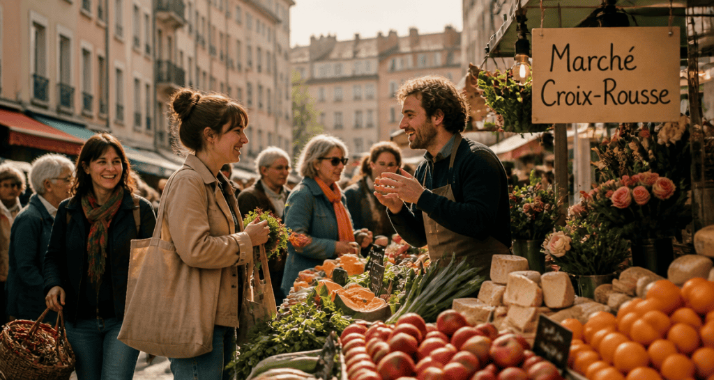 marché croix rousse étals foule matin