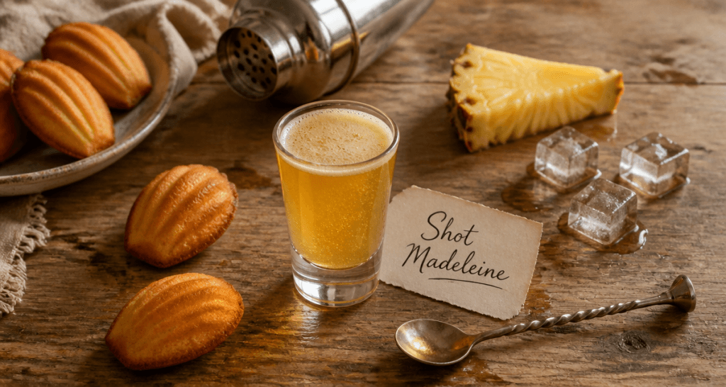 Shot madeleine avec madeleines et cocktail doré