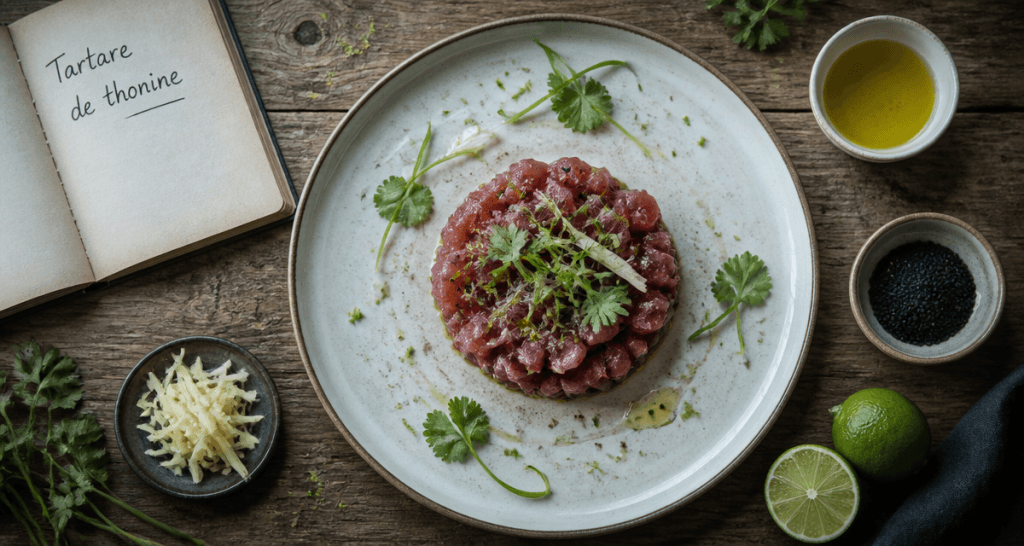 Plat de thonine crue en tartare sur assiette