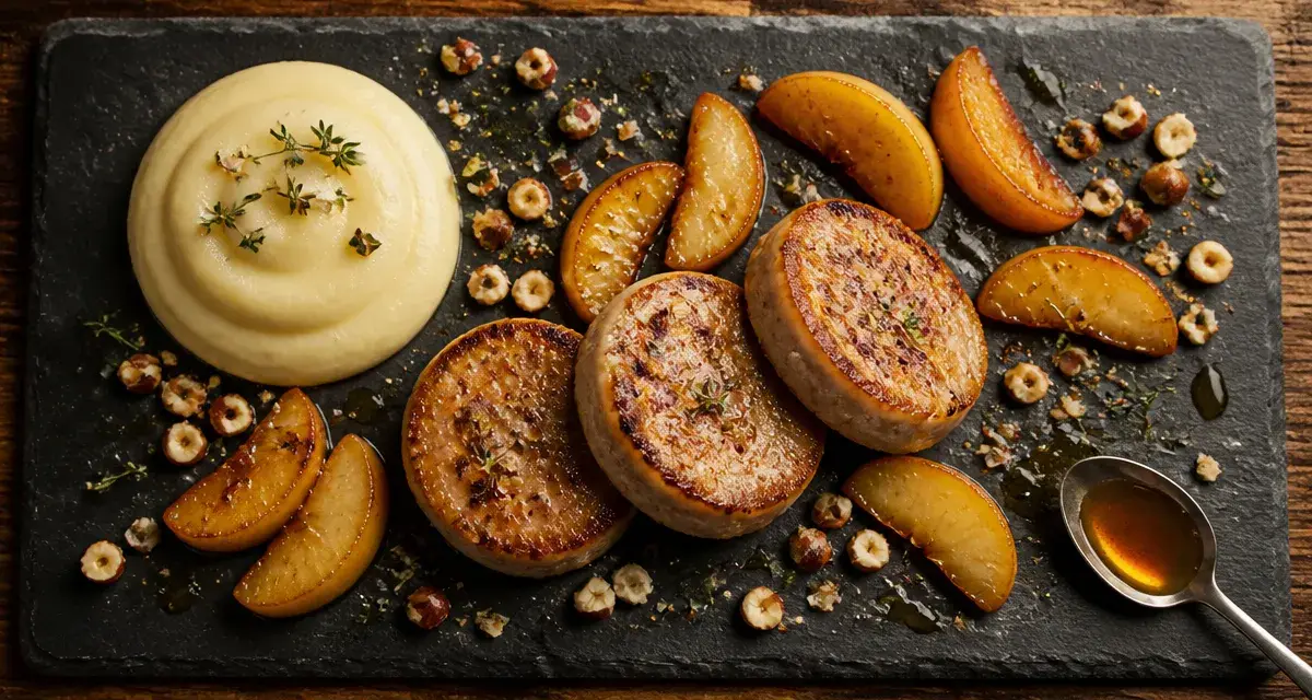 Accompagnement boudin blanc : boudin poêlé, purée et pommes caramélisées