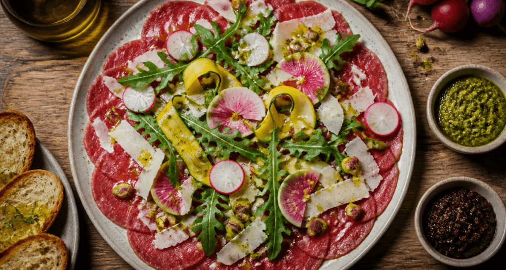 accompagnement carpaccio de boeuf avec parmesan roquette et légumes