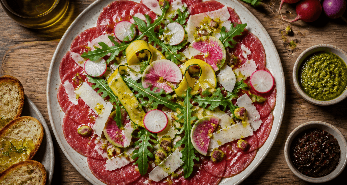 accompagnement carpaccio de boeuf avec parmesan roquette et légumes