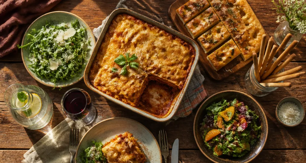 accompagnement pour lasagne avec salade, focaccia et vin rouge