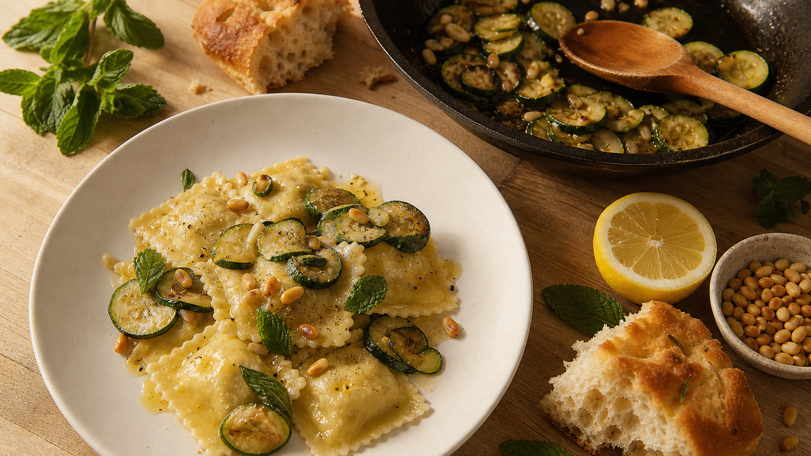 Accompagnement ravioli : raviolis et courgettes croquantes à l’ail et citron