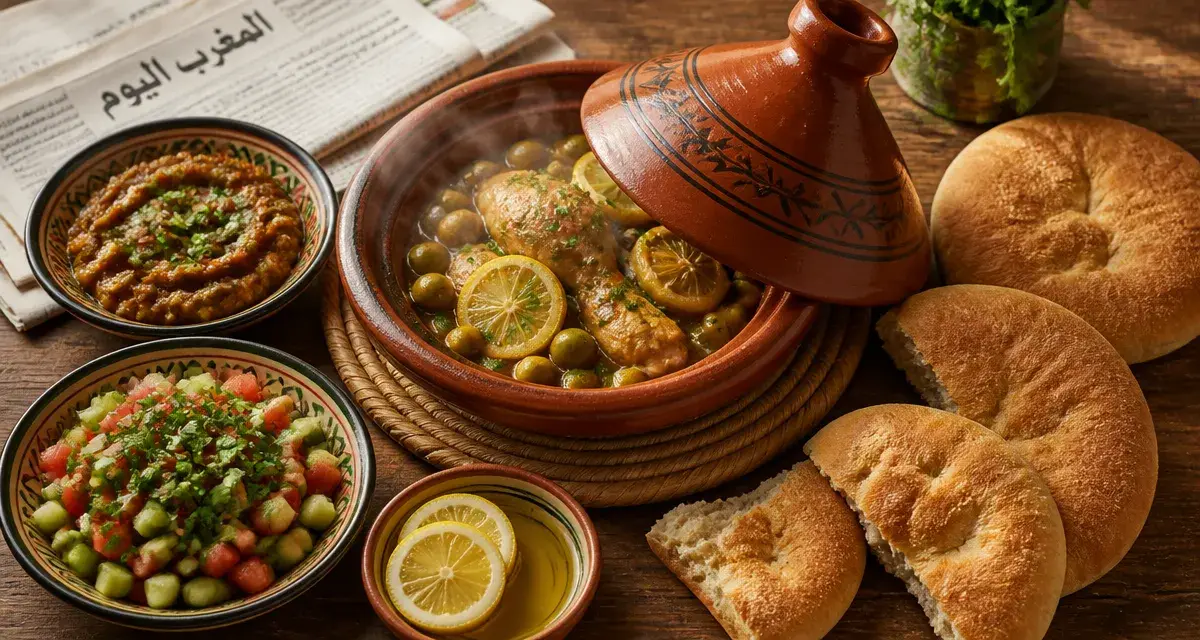 Accompagnement tajine marocain : tajine fumant, pain et salade à la coriandre