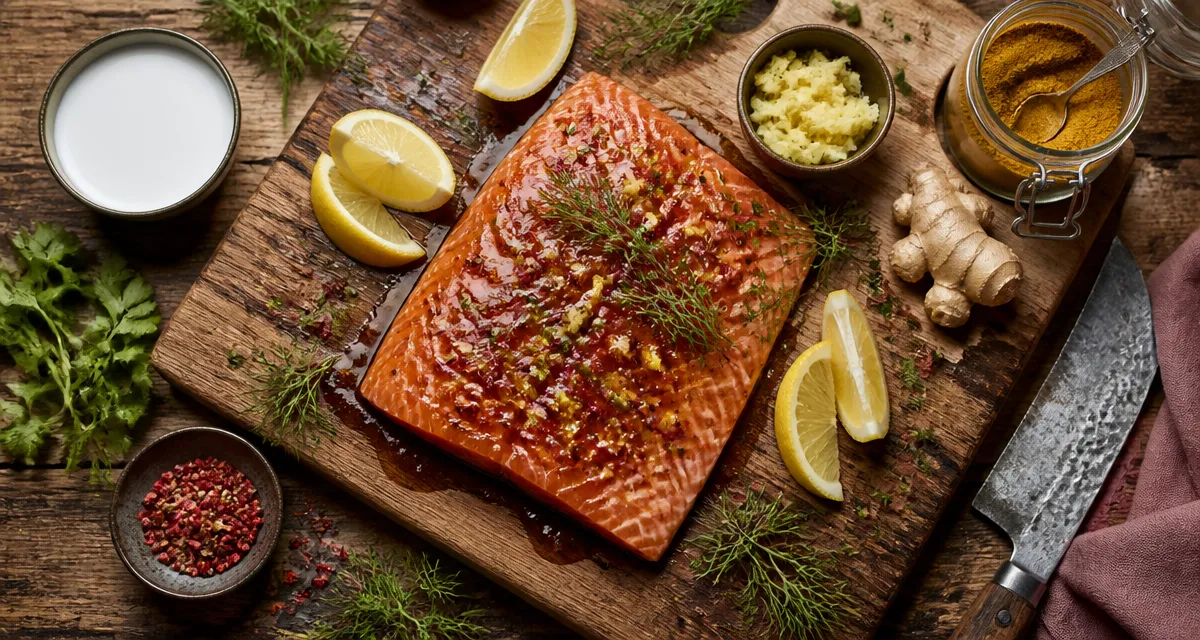 Assaisonnement pour saumon avec marinade, herbes et épices
