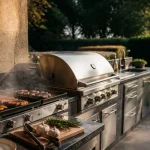 Barbecue cuisine extérieure durable en pierre avec acier inox, plans sombres et jardin