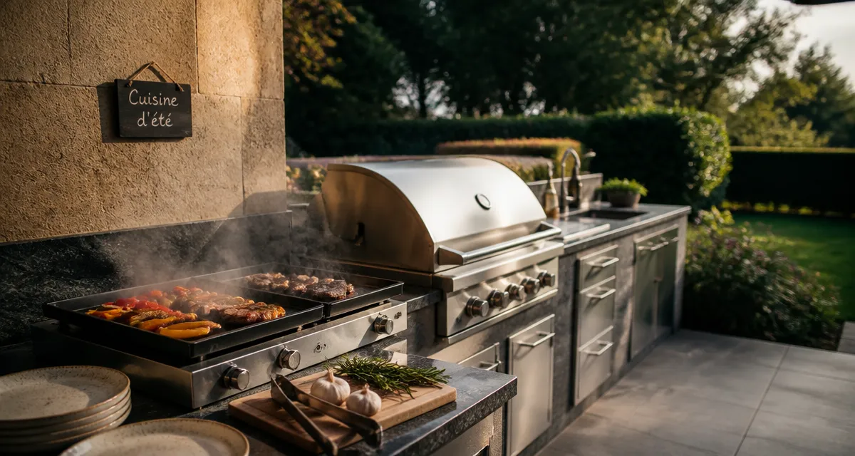 Barbecue cuisine extérieure durable en pierre avec acier inox, plans sombres et jardin