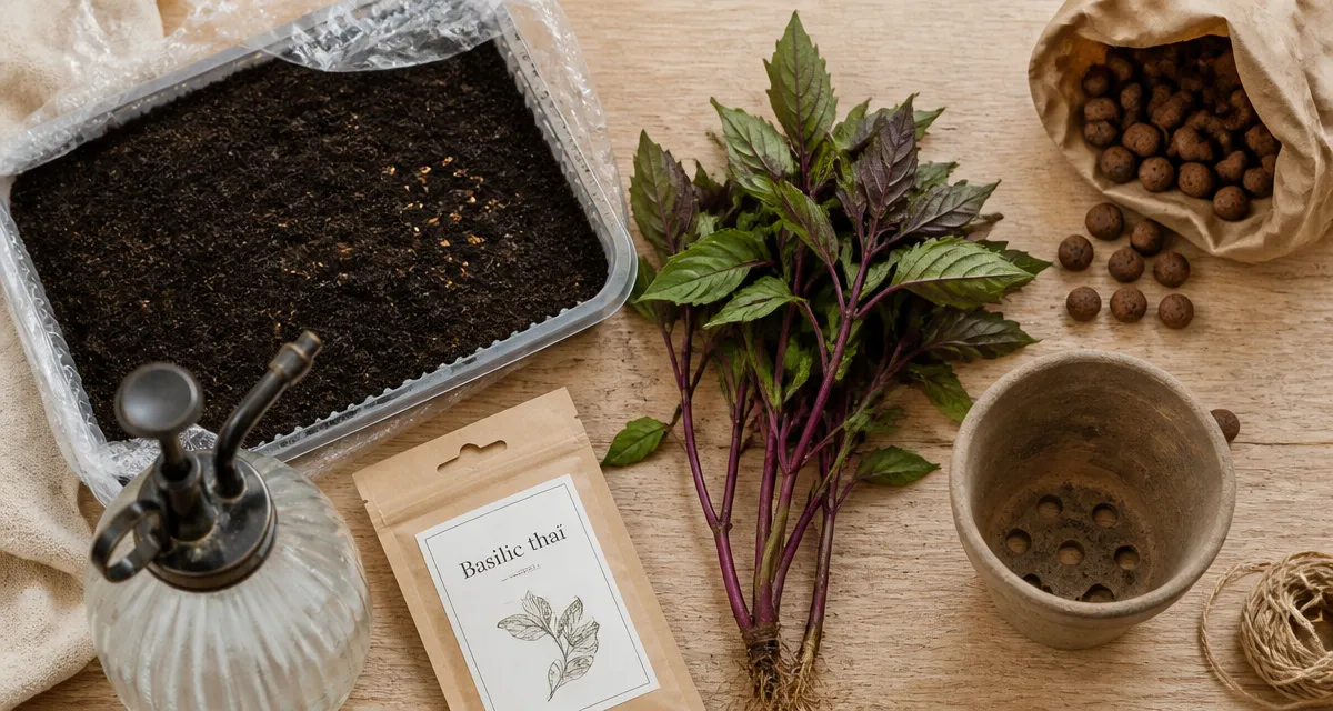 Basilic thaï en semis : terreau, graines et vaporisateur