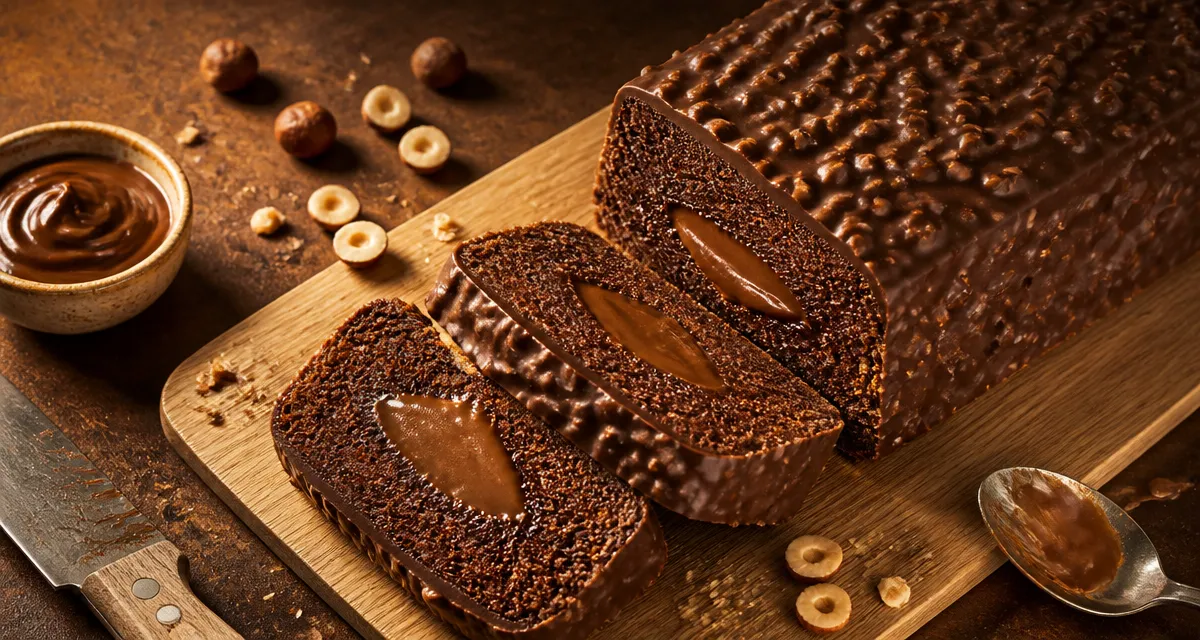 Cake chocolat praline, cœur fondant et glaçage rocher craquant