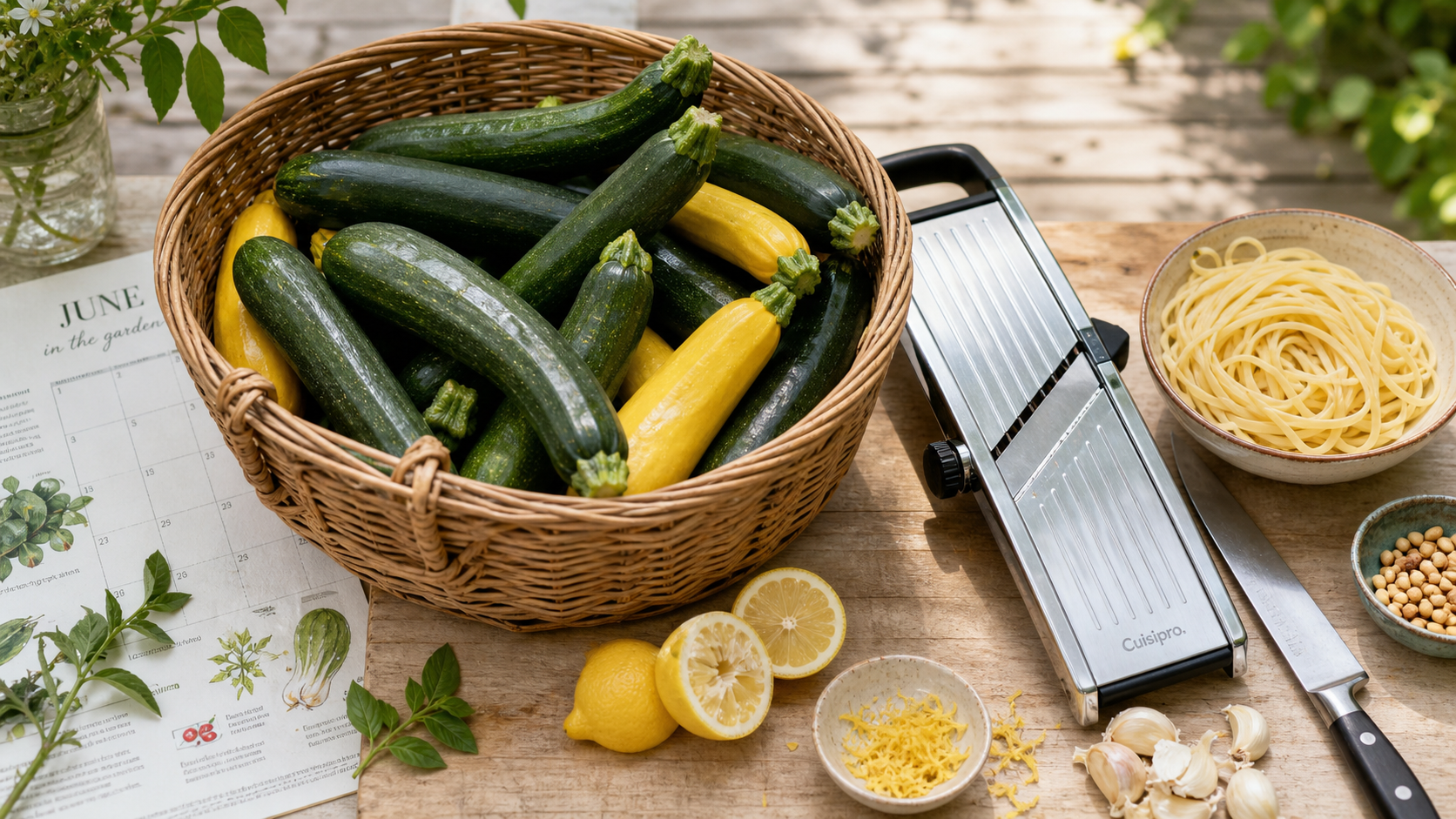 Courgettes saison : panier de courgettes vertes et jaunes sur fond jardin
