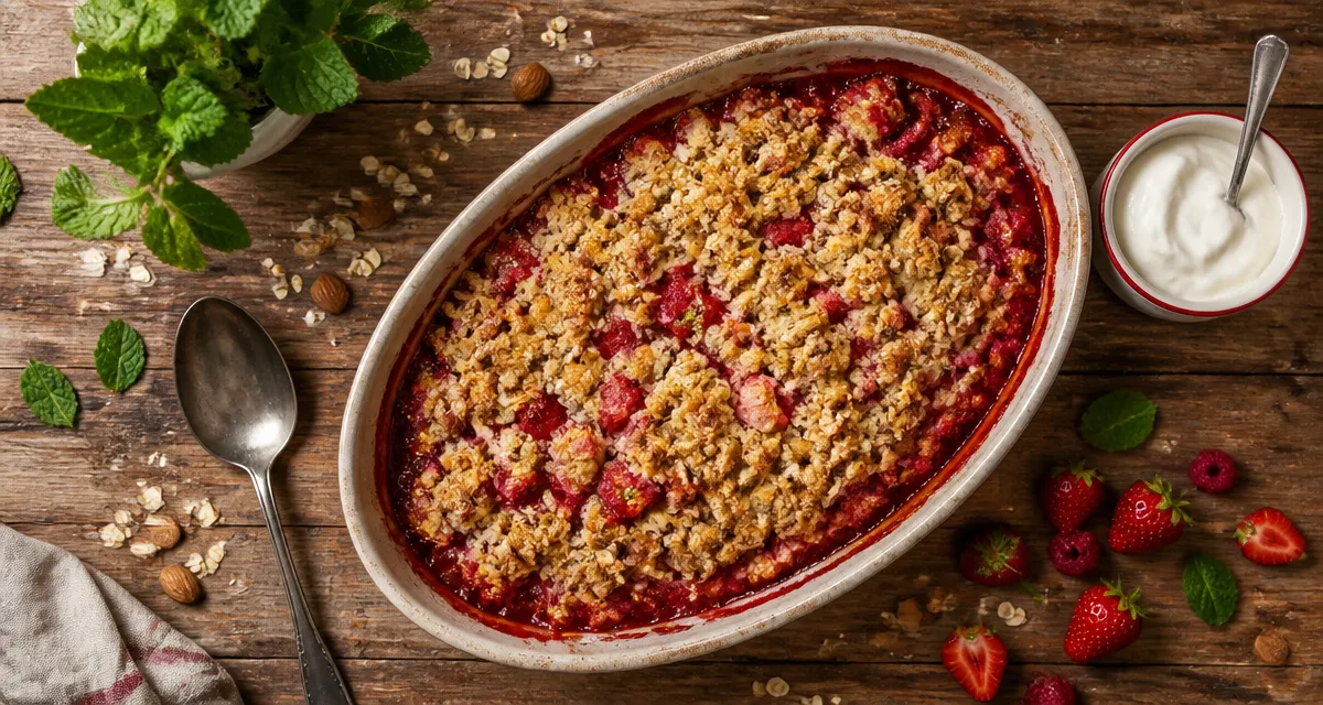 crumble fraise framboise doré sur table rustique