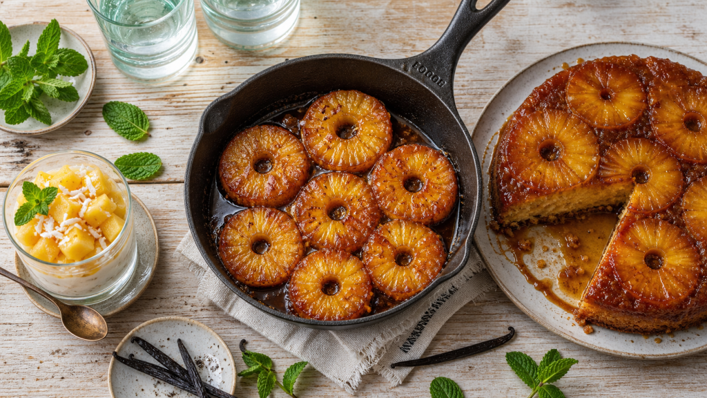 Dessert ananas : tranches caramélisées, gâteau renversé et verrine