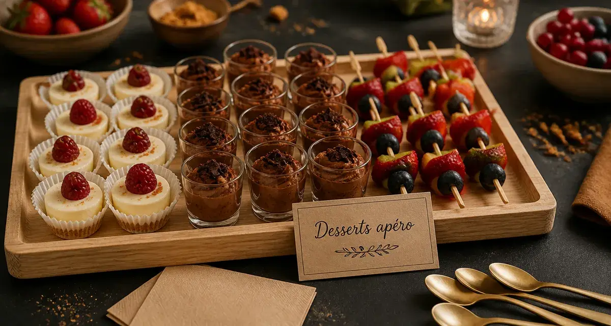 Dessert apéro dinatoire : mini cheesecakes, mousse chocolat et fruits, sans couverts