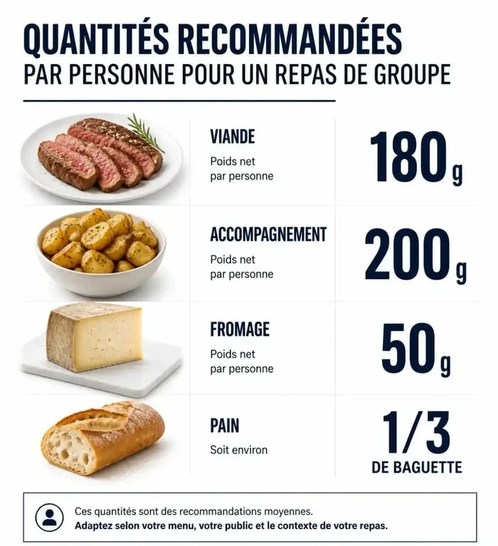 Infographie des quantités alimentaires recommandées pour un repas pour 30 personnes et plus