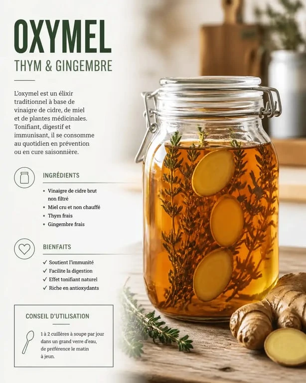 Bocal en verre contenant une recette d'oxymel maison au thym et au gingembre