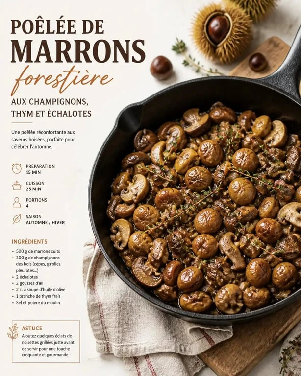 Poêlée de marrons forestière aux champignons, une recette de marron savoureuse et facile à réaliser.