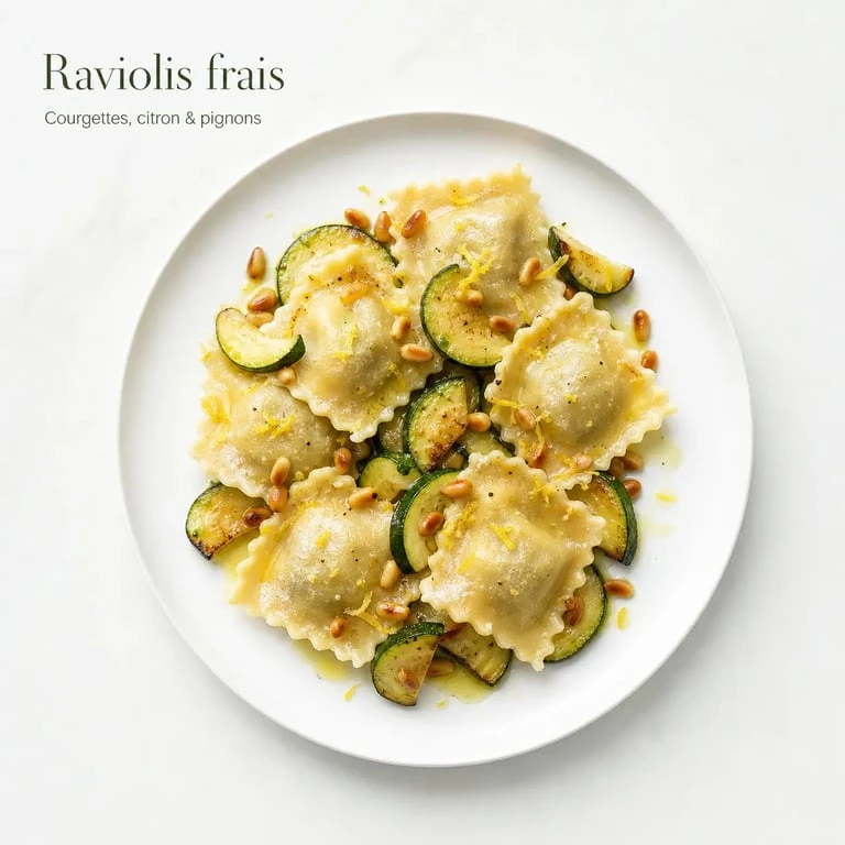 Assiette de raviolis avec accompagnement de courgettes sautées, idéal pour un repas équilibré.