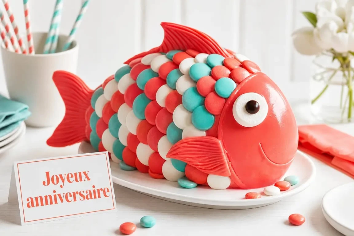 Gâteau rigolo d'anniversaire en forme de poisson coloré pour enfant