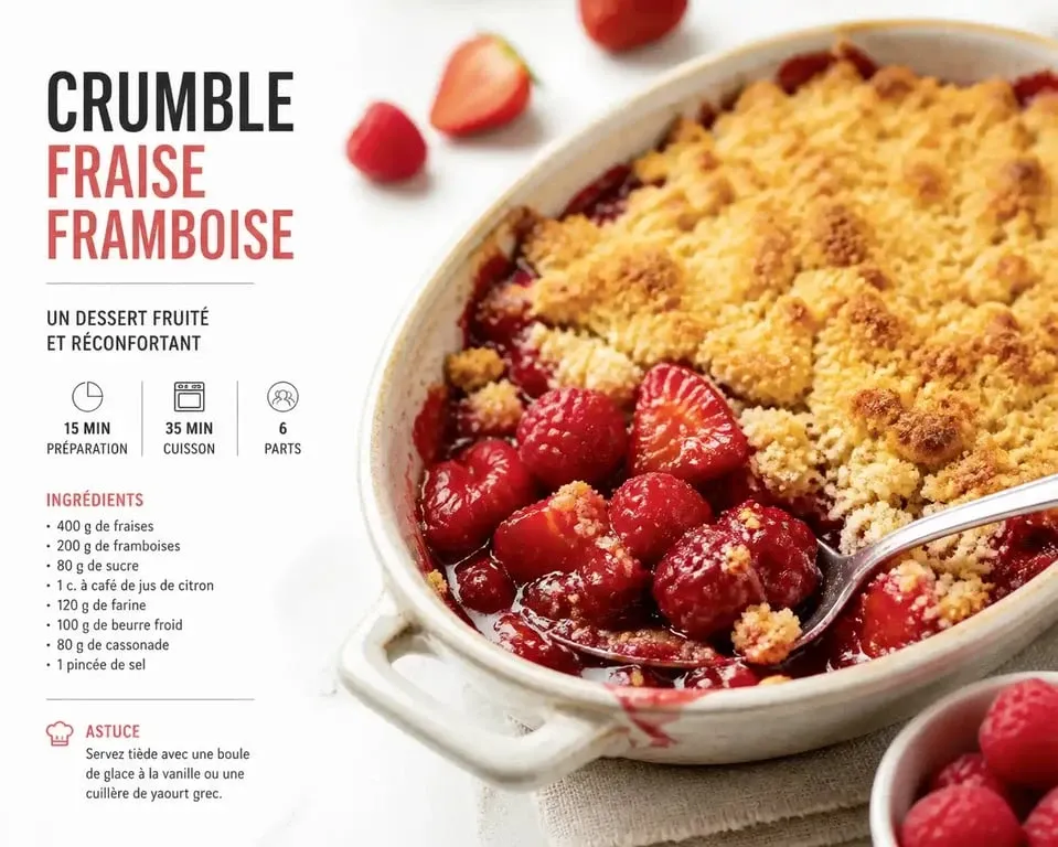 Crumble fraise framboise maison servi dans un plat, avec une croûte dorée et des fruits rouges fondants.