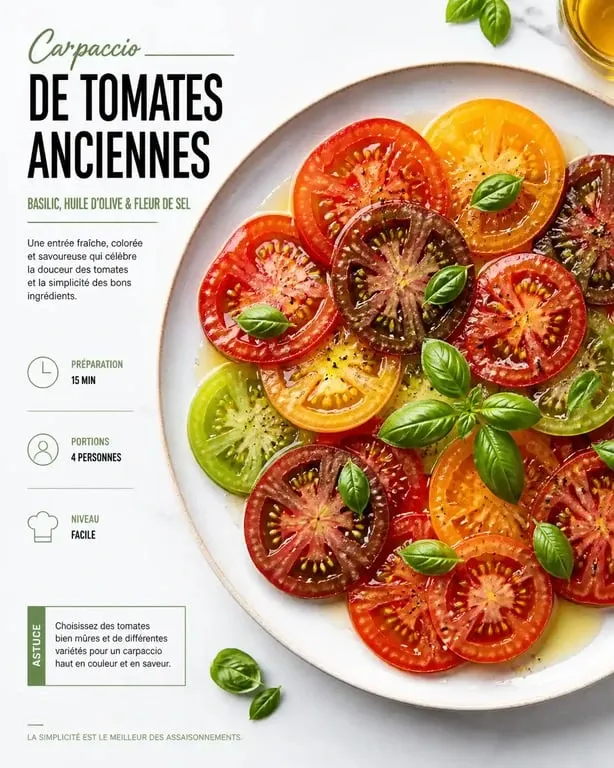 Carpaccio de tomates anciennes, une entrée fraîche et légère idéale avant un aïoli provençal.