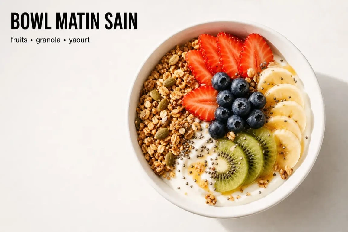 Bowl petit déjeuner sain et gourmand avec fruits et granola