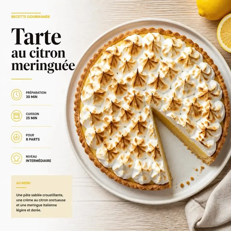 Tarte au citron meringuée (lemon pie) maison, dorée et crémeuse, prête à être dégustée.