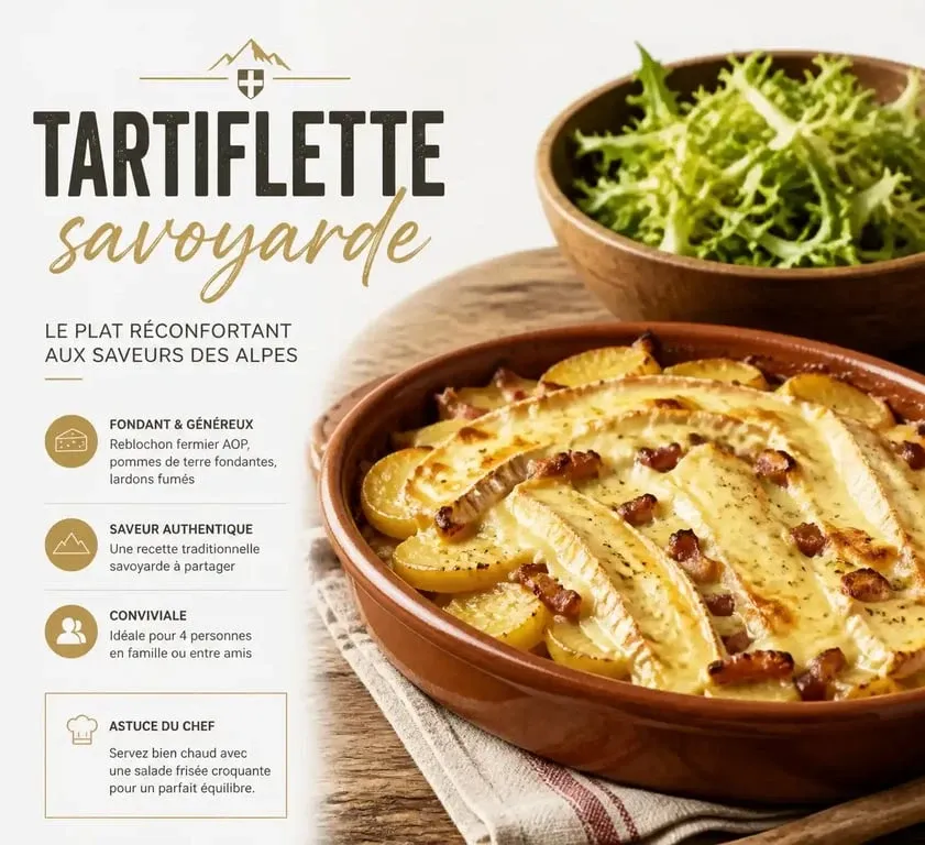 Tartiflette savoyarde servie avec une salade frisée en accompagnement pour un repas équilibré