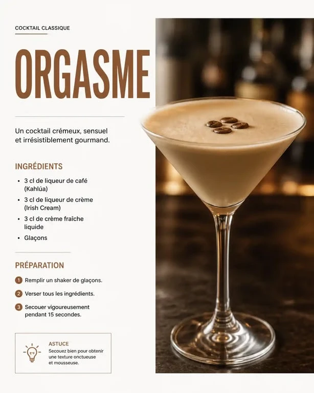 Cocktail Orgasme onctueux servi dans un verre à martini, recette de cocktail gourmand