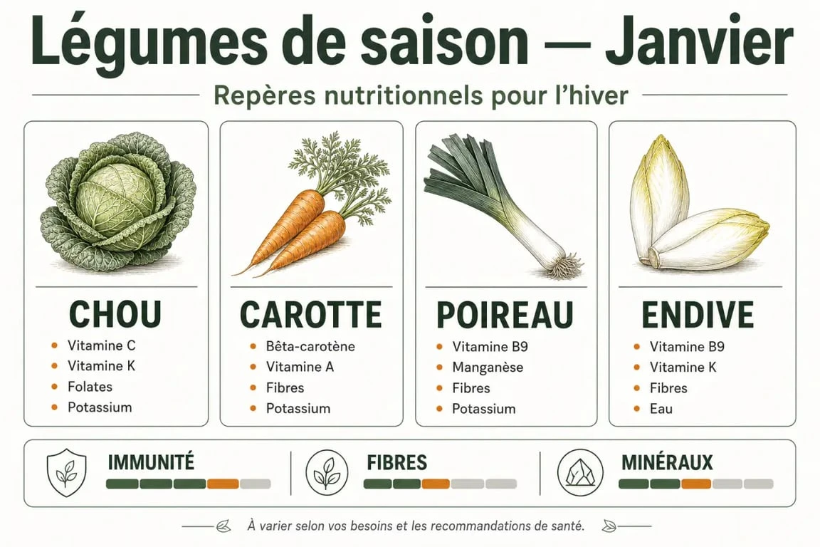 Infographie des bienfaits nutritionnels des légumes de saison en janvier