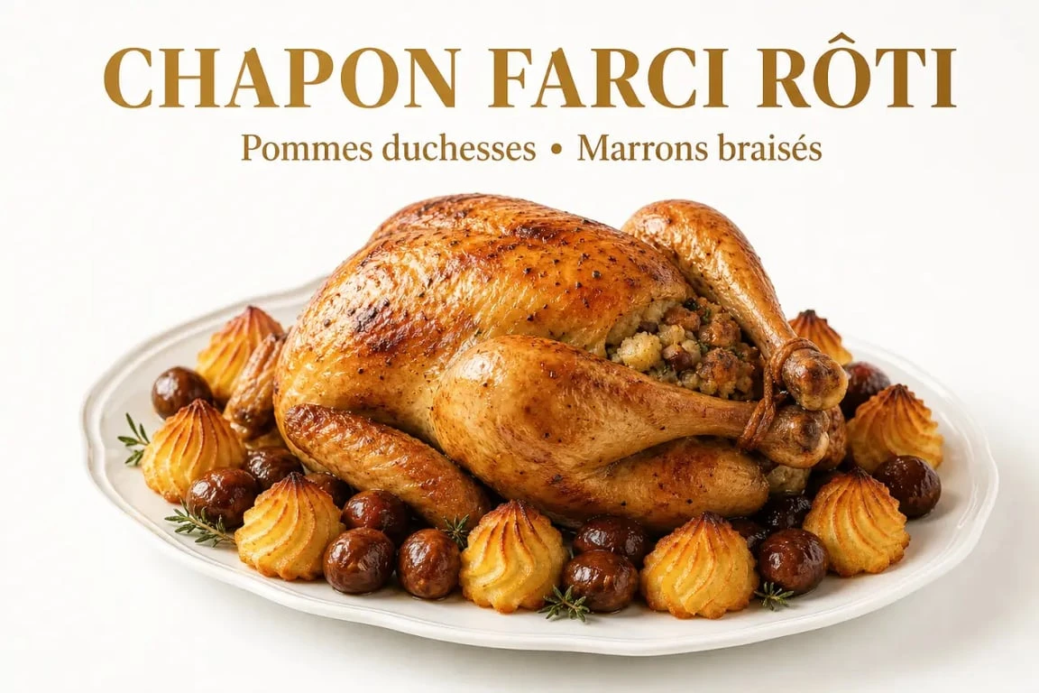 Chapon farci de Noël avec ses accompagnements : pommes duchesses et marrons braisés