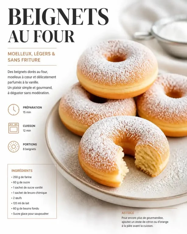 Recette des beignets au four, moelleux et saupoudrés de sucre glace sur une assiette