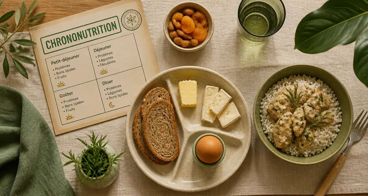 Exemple de menus chrononutrition pour une journée type : assiette équilibrée et aliments selon horaires
