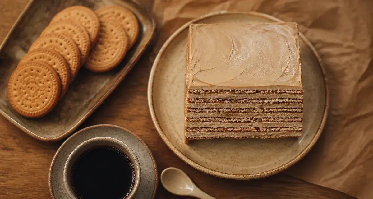 Gâteau du Portugal (Bolo de Bolacha) en coupe, couches biscuits et crème