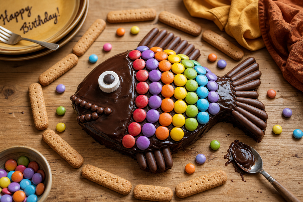 Gateau rigolo anniversaire poisson multicolore chocolat et ecailles
