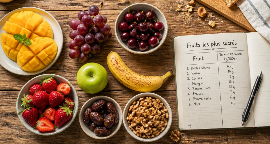 tableau des fruits les plus sucres sur table en bois