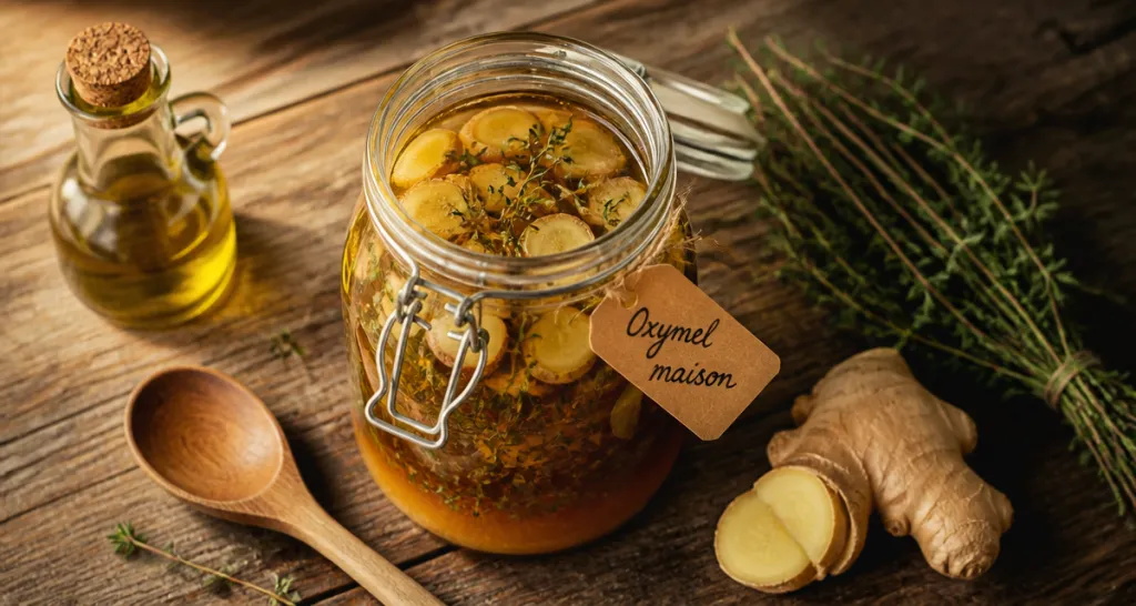 Oxymel recette maison sur table rustique