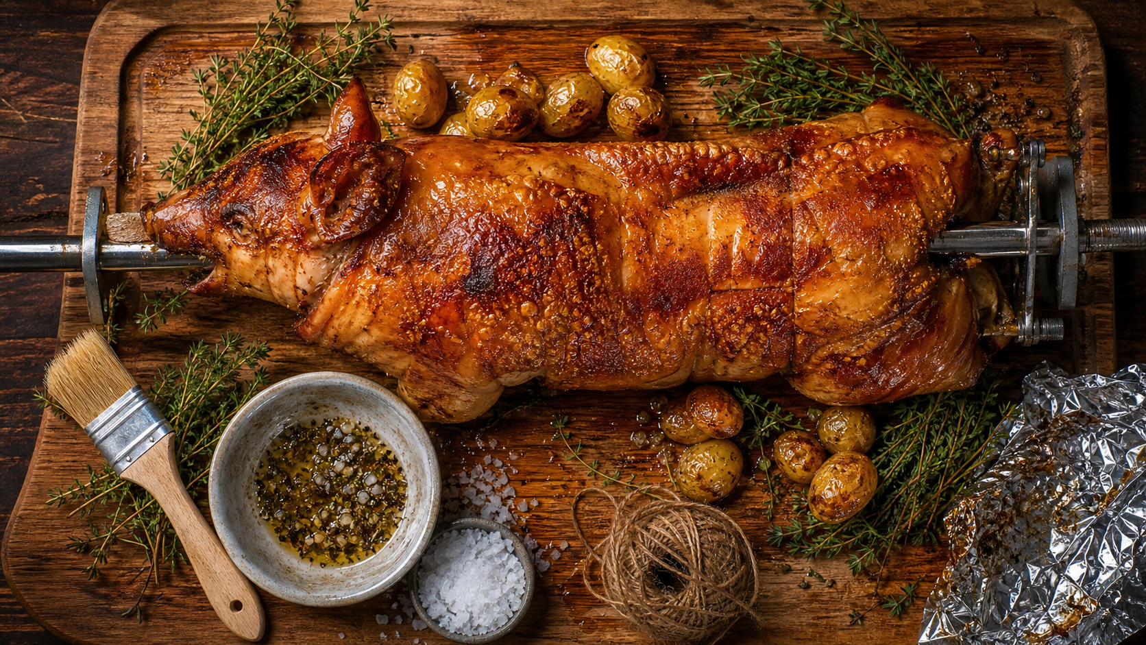 Porcelet a la broche avec peau dorée et craquante