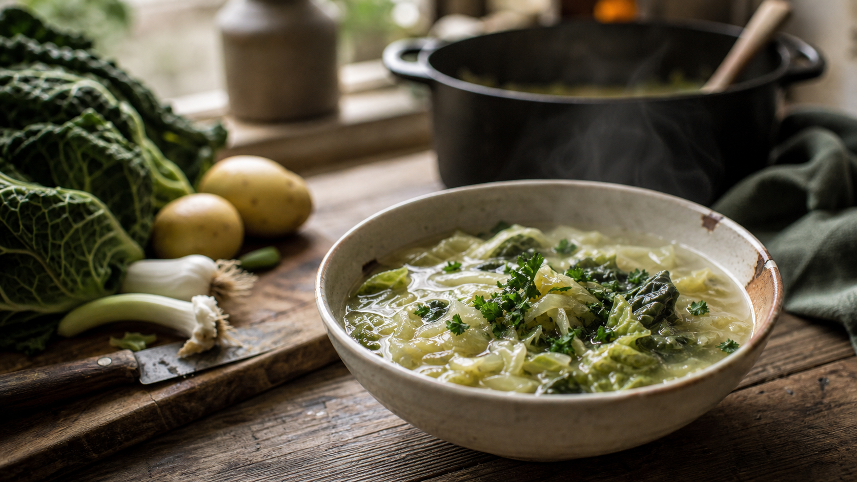 Soupe aux choux verts fumante, persil et légumes