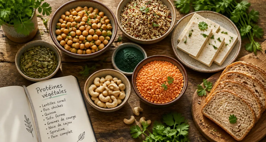 sources de proteines vegetales variées en bols et assiettes