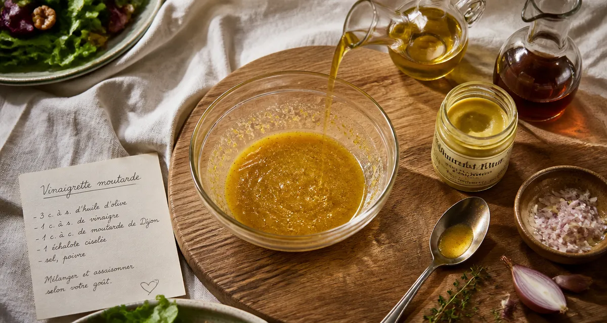 Vinaigrette moutarde brillante, émulsion parfaite, huile et moutarde de Dijon sur fond bois