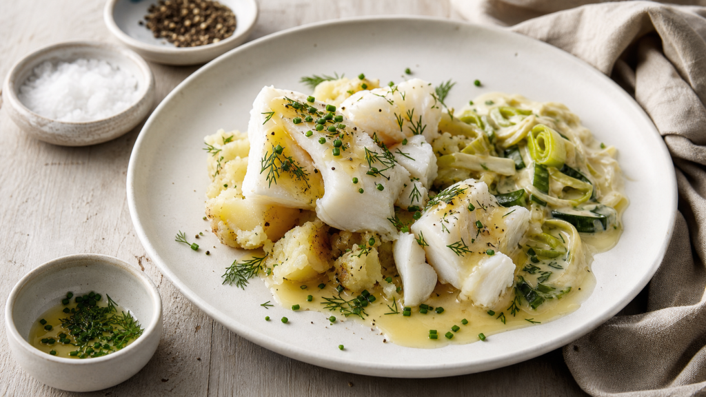 Accompagnement pour cabillaud avec légumes, sauce citronnée et herbes fraîches
