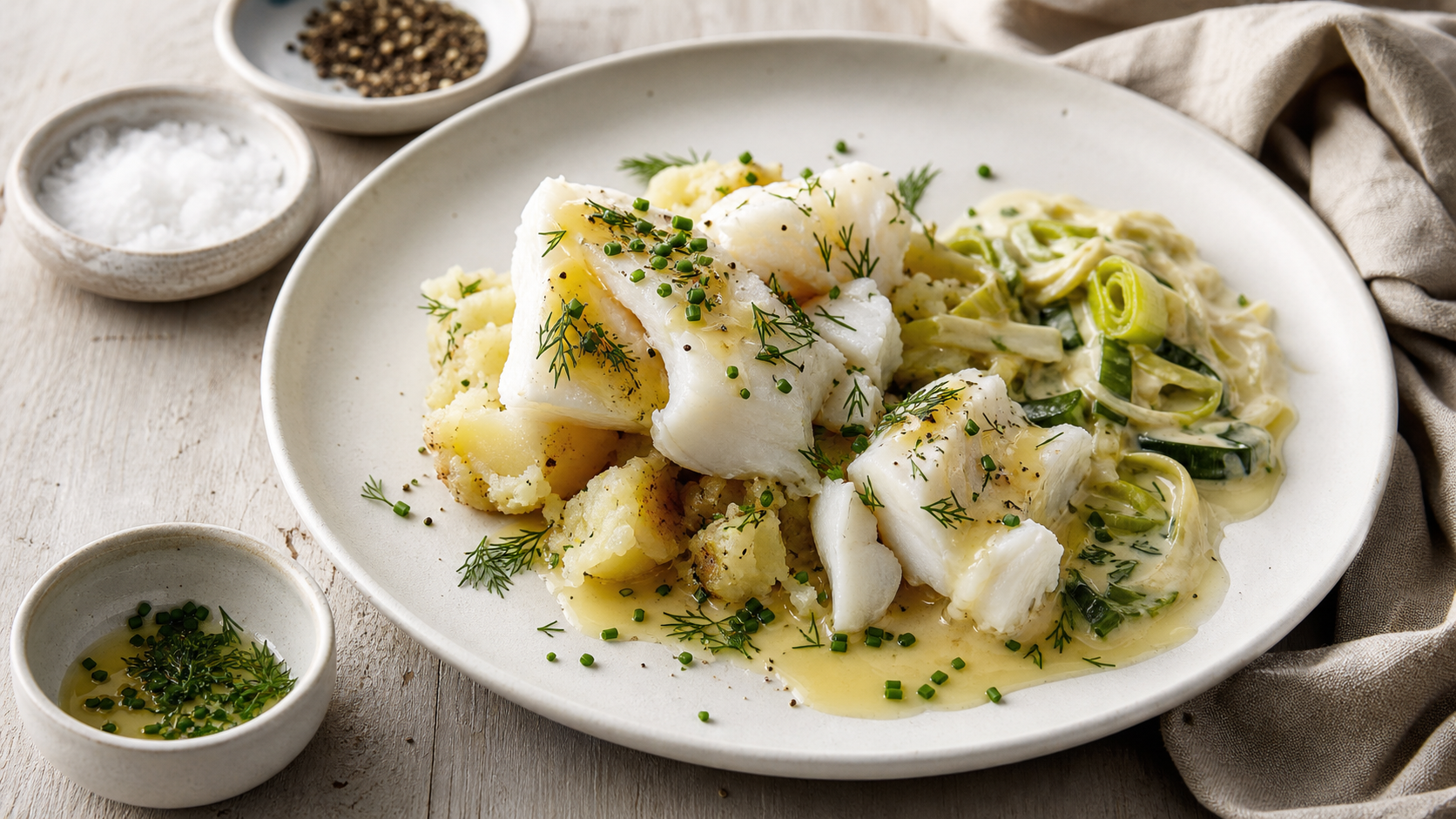 Accompagnement pour cabillaud avec légumes, sauce citronnée et herbes fraîches