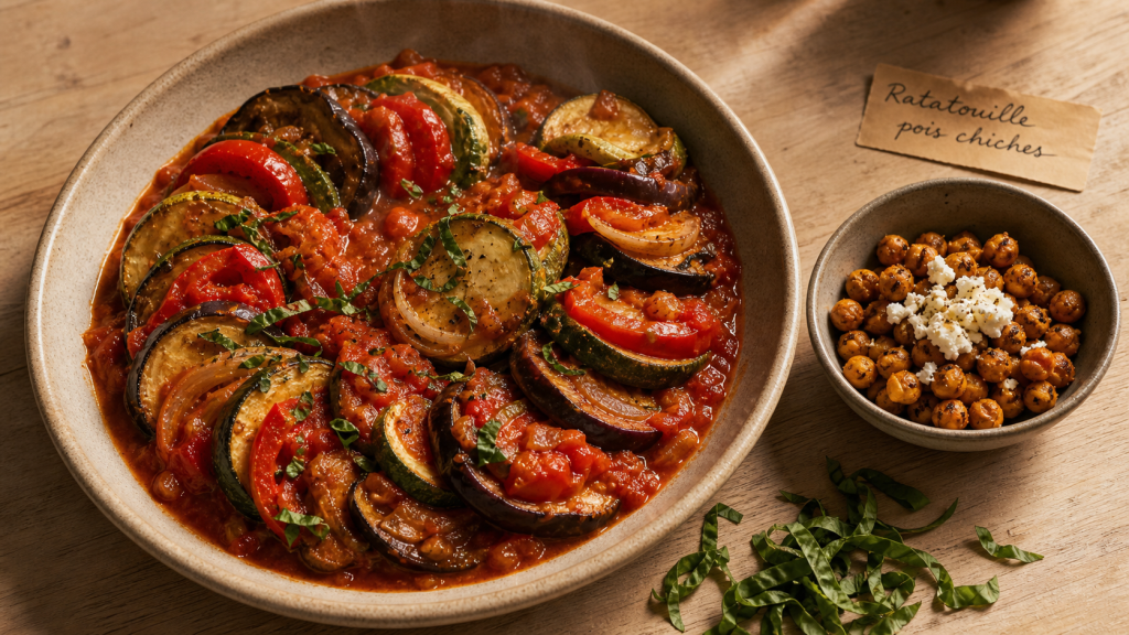 Accompagnement ratatouille avec pois chiches rôtis et basilic frais